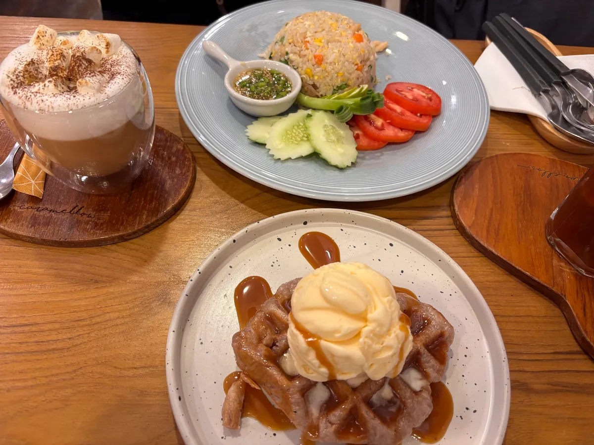 A brunch spread — fried rice, a caramel waffle and a marshmallow latte