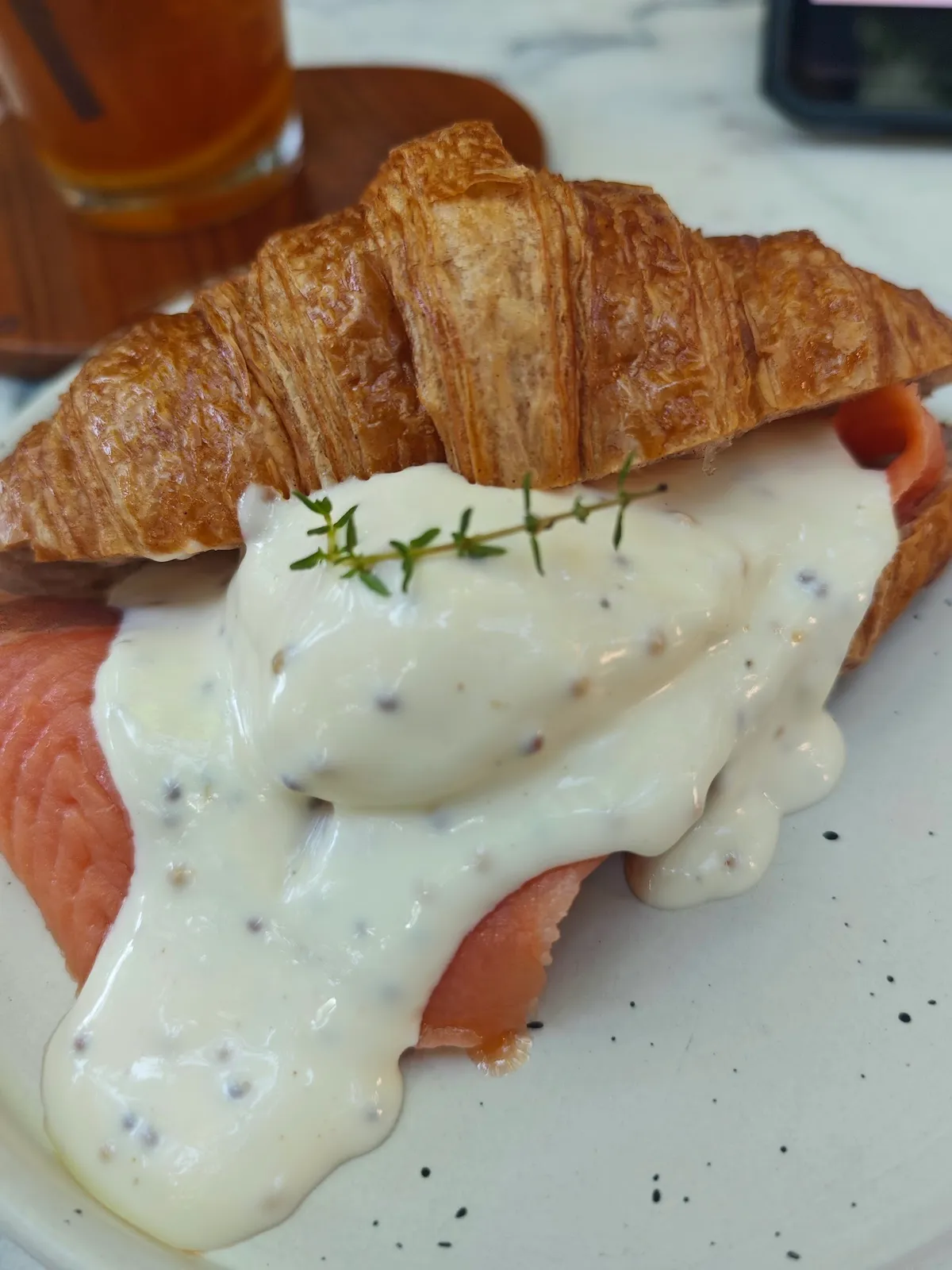 Salmon-croissant Eggs Benedict, close up