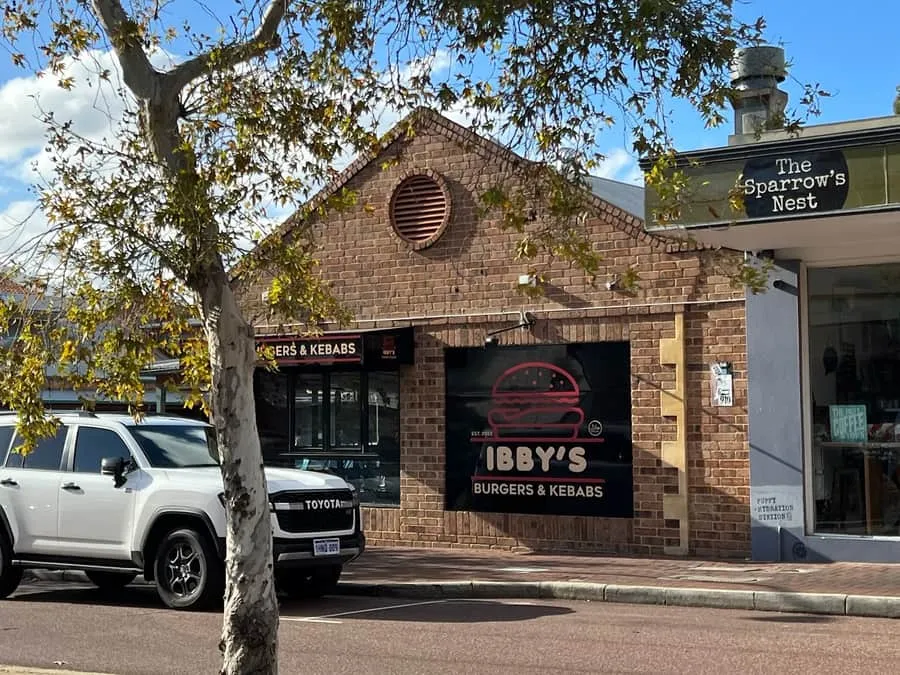 The Ibby’s Burgers & Kebabs shopfront on Albany Highway, brick with the burger sign