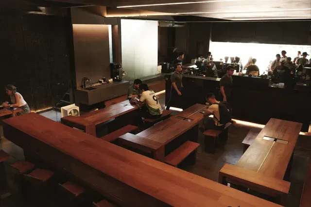 Wooden benches in a dark room
